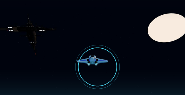 A blue fighter ship flies between a dark space station and a bright pale star, a signal ring marking the ship.