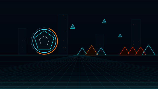 A glowing cyan pentagon ringed in orange hovers over a dark neon perspective grid, cyan and orange spikes along the horizon.